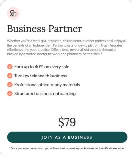 EllieMD Business Partner tier: $79, earn up to 40% per sale, office-ready materials, structured onboarding